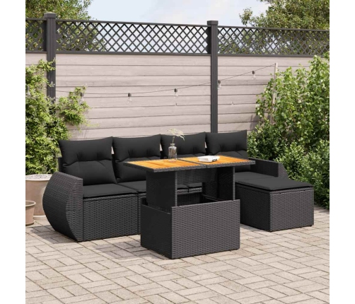 Set de sofás de jardín 6 piezas y cojines ratán sintético negro