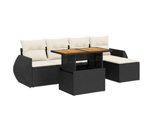 Set de sofás de jardín 6 piezas y cojines ratán sintético negro