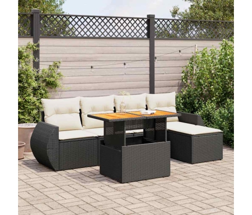 Set de sofás de jardín 6 piezas y cojines ratán sintético negro