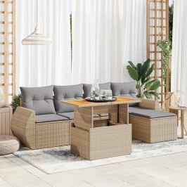 Juego de sofás jardín con cojines 6 pzas ratán sintético beige
