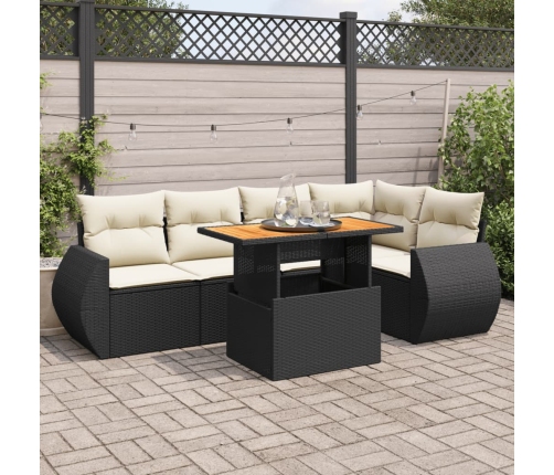 Set de sofás de jardín 6 piezas y cojines ratán sintético negro