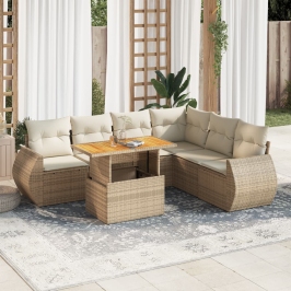 Set sofás de jardín 7 piezas y cojines ratán sintético beige