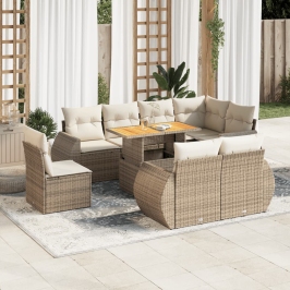 Set de sofás de jardín con cojines 9 pzas ratán sintético beige