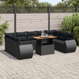 Set de sofás de jardín y cojines 10 pzas ratán sintético negro