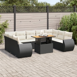 Set de sofás de jardín y cojines 10 pzas ratán sintético negro