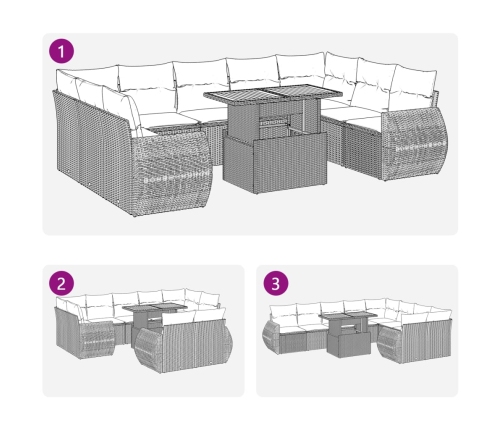Set de sofás de jardín y cojines 10 pzas ratán sintético gris
