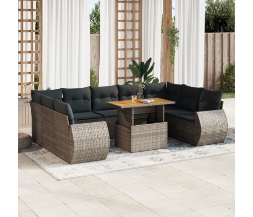 Set de sofás de jardín y cojines 10 pzas ratán sintético gris