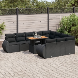 Set de sofás de jardín 11 pzas y cojines ratán sintético negro