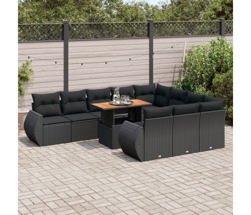 Set de sofás de jardín 11 pzas y cojines ratán sintético negro
