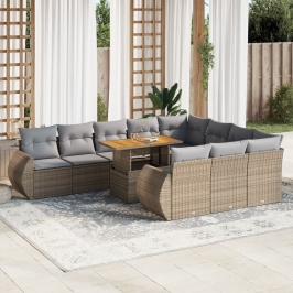 Set de sofás de jardín 11pzas con cojines ratán sintético beige