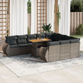 Set de sofás de jardín 11 pzas y cojines ratán sintético gris