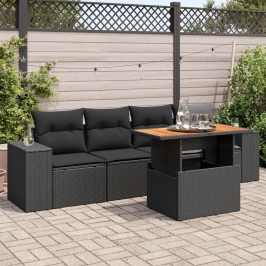 Set de muebles de jardín 5 pzas y cojines ratán sintético negro
