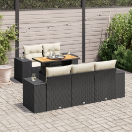 Set de sofás de jardín 6 piezas y cojines ratán sintético negro