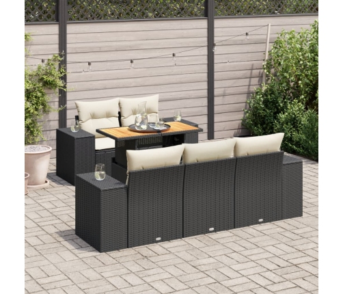 Set de sofás de jardín 6 piezas y cojines ratán sintético negro