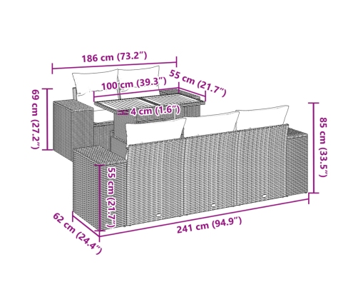 Set de muebles de jardín 6 pzas y cojines ratán sintético gris