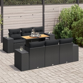 Set de sofás de jardín 7 pzas con cojines ratán sintético negro