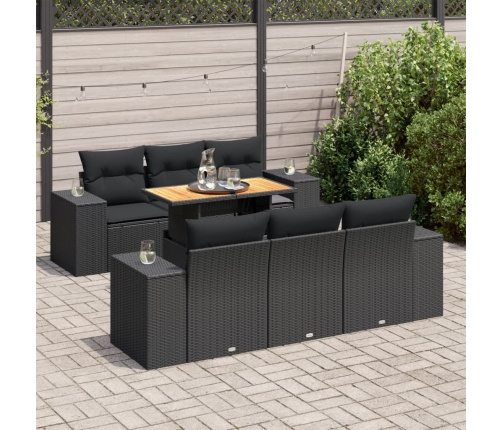 Set de sofás de jardín 7 pzas con cojines ratán sintético negro