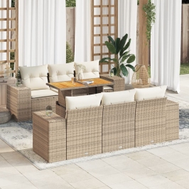 Set sofás de jardín 7 piezas y cojines ratán sintético beige