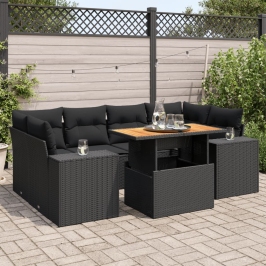 Set de sofás de jardín 7 pzas con cojines ratán sintético negro