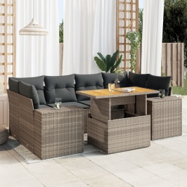 Set de sofás de jardín 7 pzas con cojines ratán sintético gris
