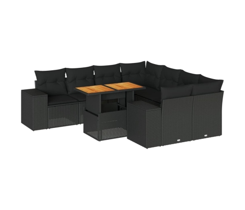Set de sofás de jardín con cojines 9 pzas ratán sintético negro