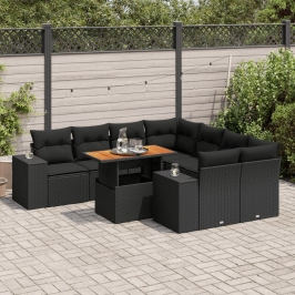 Set de sofás de jardín con cojines 9 pzas ratán sintético negro