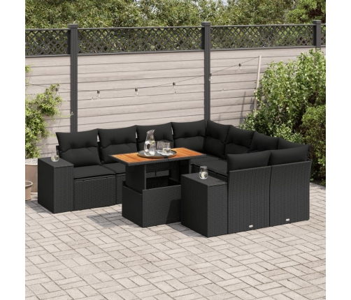 Set de sofás de jardín con cojines 9 pzas ratán sintético negro