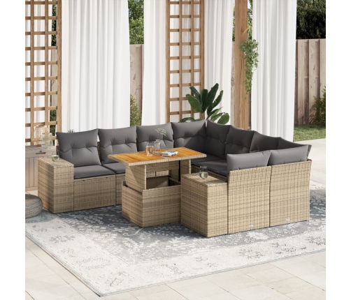 Set de sofás de jardín con cojines 9 pzas ratán sintético beige