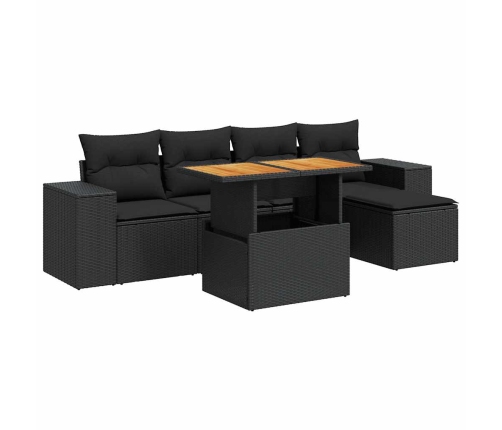 Set de sofás de jardín 6 piezas y cojines ratán sintético negro