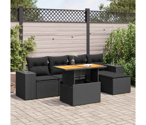 Set de sofás de jardín 6 piezas y cojines ratán sintético negro