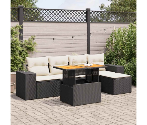 Set de sofás de jardín 6 piezas y cojines ratán sintético negro