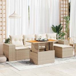 Juego de sofás jardín con cojines 6 pzas ratán sintético beige