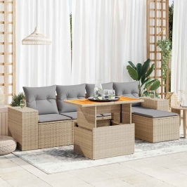 Juego de sofás jardín con cojines 6 pzas ratán sintético beige