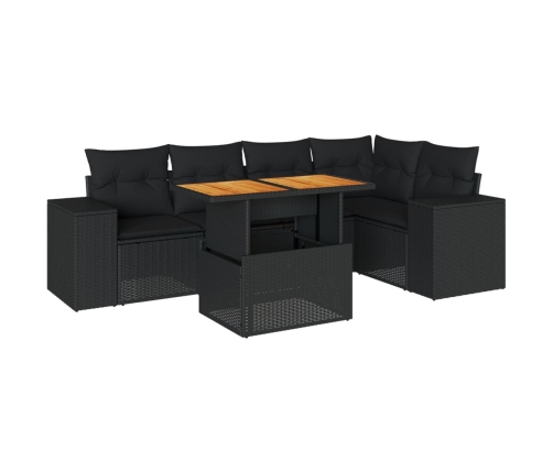 Set de sofás de jardín 6 piezas y cojines ratán sintético negro