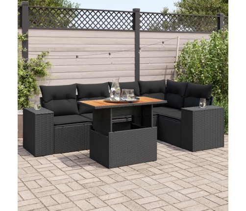 Set de sofás de jardín 6 piezas y cojines ratán sintético negro