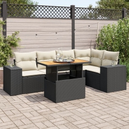 Set de sofás de jardín 6 piezas y cojines ratán sintético negro