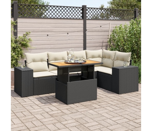 Set de sofás de jardín 6 piezas y cojines ratán sintético negro