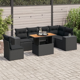 Set de sofás de jardín 7 pzas con cojines ratán sintético negro