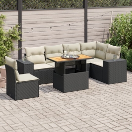 Set de sofás de jardín 7 pzas con cojines ratán sintético negro