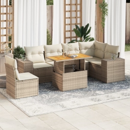 Set sofás de jardín 7 piezas y cojines ratán sintético beige