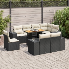 Set de sofás de jardín con cojines 9 pzas ratán sintético negro
