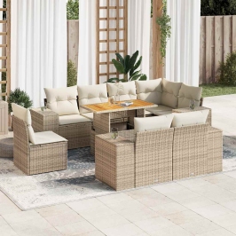 Set de sofás de jardín con cojines 9 pzas ratán sintético beige