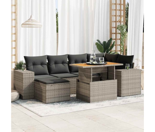 Set de sofás de jardín 7 pzas con cojines ratán sintético gris