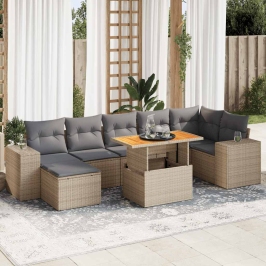 Set de sofás de jardín y cojines 8 piezas ratán sintético beige