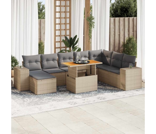 Set sofás jardín y cojines 9 pzas ratán sintético acacia beige