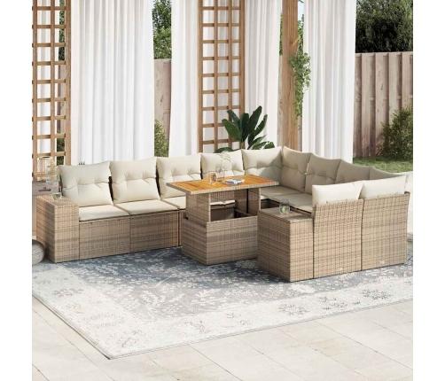 Set sofás jardín y cojines 10 pzas ratán sintético acacia beige