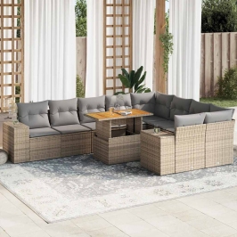 Set sofás jardín y cojines 10 pzas ratán sintético acacia beige