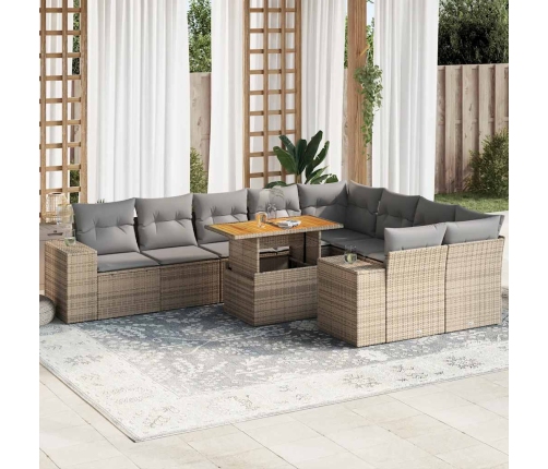 Set sofás jardín y cojines 10 pzas ratán sintético acacia beige