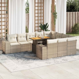 Set sofás jardín y cojines 10 pzas ratán sintético acacia beige