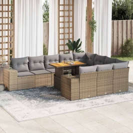 Set sofás jardín y cojines 10 pzas ratán sintético acacia beige